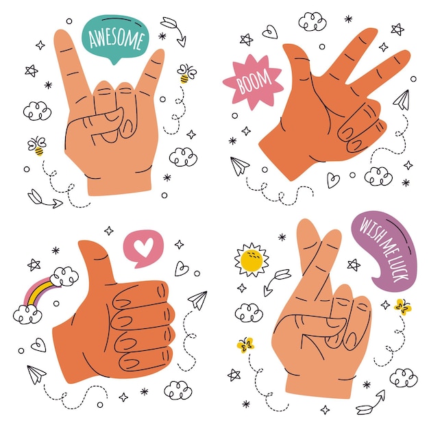 Gratis vector doodle handgetekende handen stickers