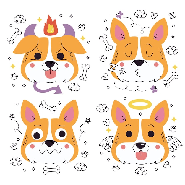 Gratis vector doodle handgetekende hond emoticons stickers collectie