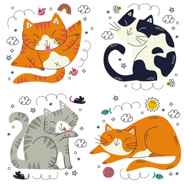 Doodle handgetekende kattenstickers collectie