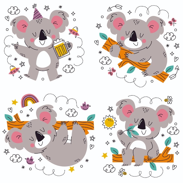 Gratis vector doodle handgetekende koala stickers