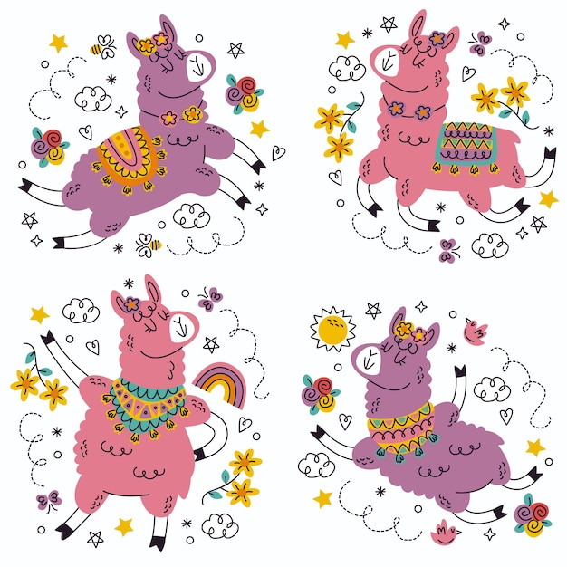 Gratis vector doodle handgetekende lama stickers