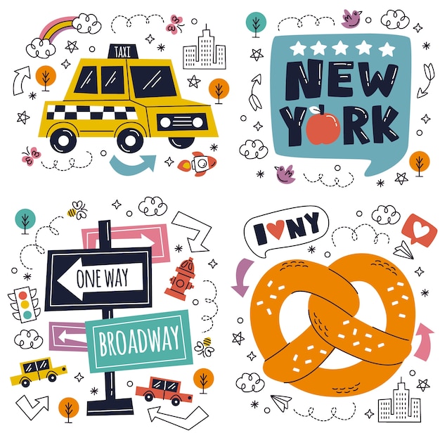 Gratis vector doodle handgetekende new york stickers collectie