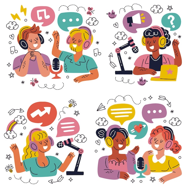 Gratis vector doodle handgetekende online podcast-stickers