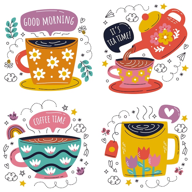 Gratis vector doodle handgetekende thee koffie tijd stickers