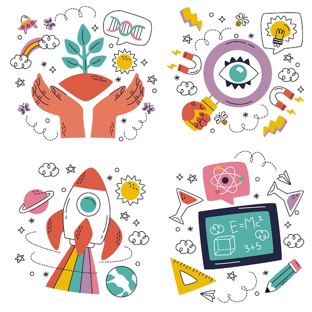 Doodle handgetekende wetenschap stickers collectie