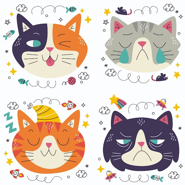 Gratis vector doodle kat emoticons stickers collectie