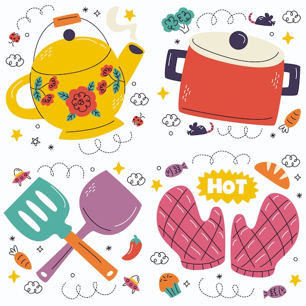 Gratis vector doodle keukengerei sticker collectie