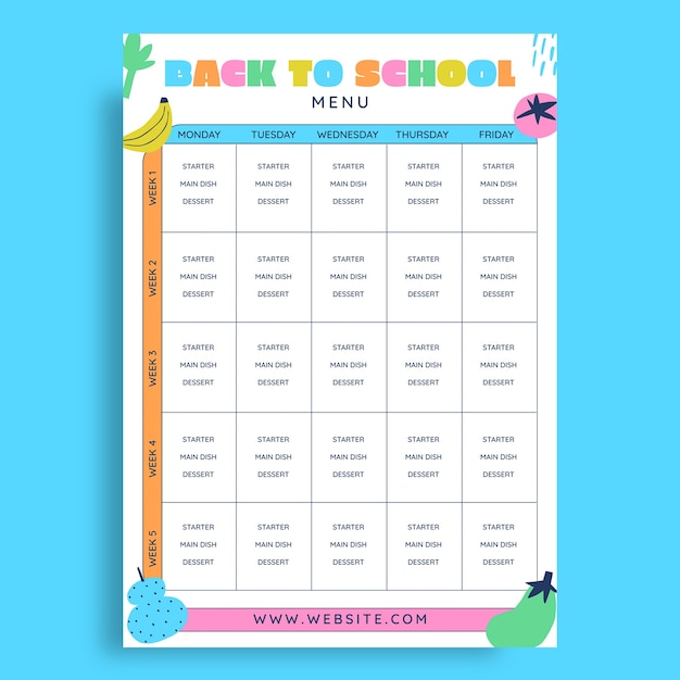 Doodle kleurrijke terug naar school weekmenu