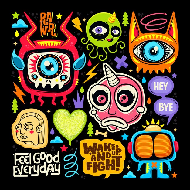 Doodle Leuke Monster Sticker Pictogrammen Hand Getekende Kleur Vector