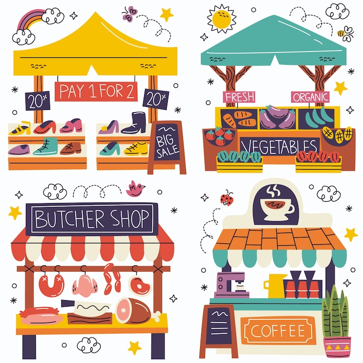Gratis Vector doodle markt stickers collectie