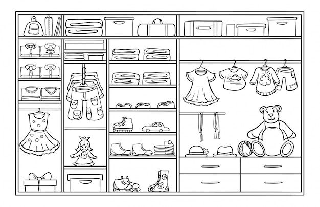 Doodle monochroom kinderen kledingkast Concept