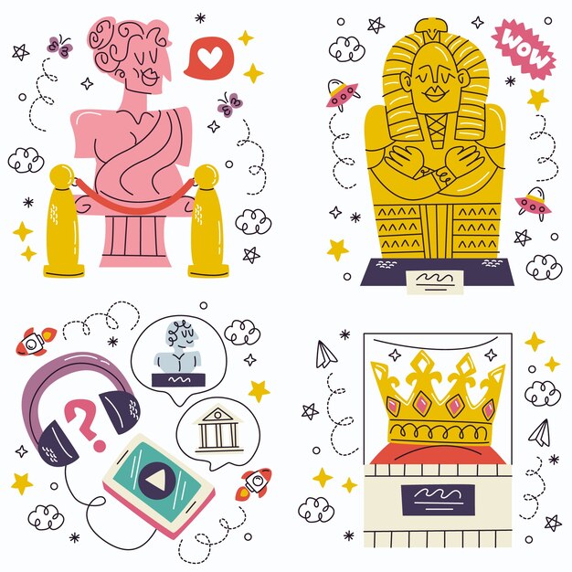 Gratis vector doodle musea stickers collectie