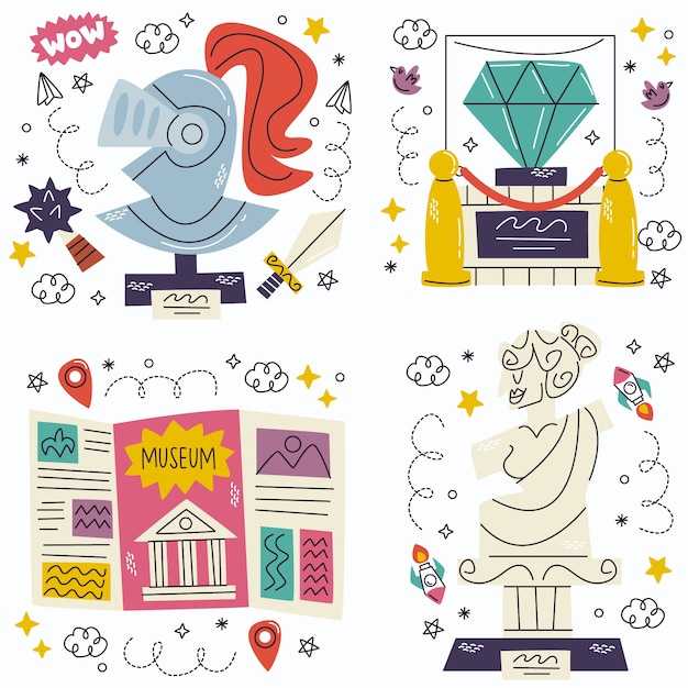 Gratis vector doodle musea stickers collectie