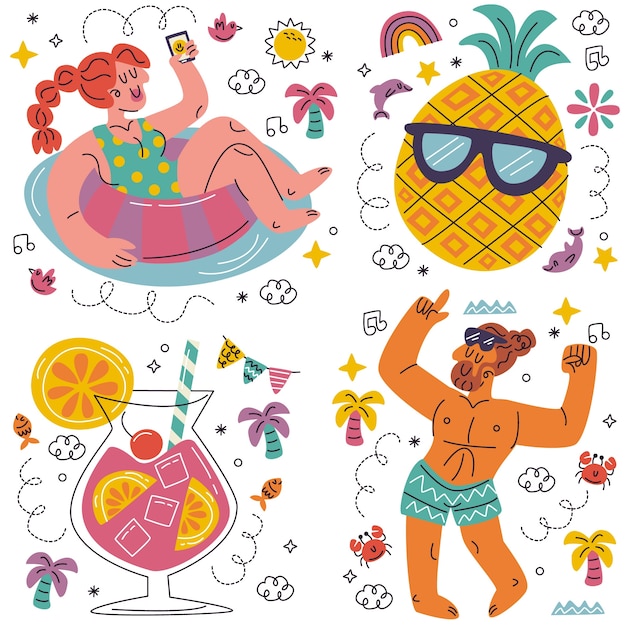 Gratis vector doodle pool party stickers collectie