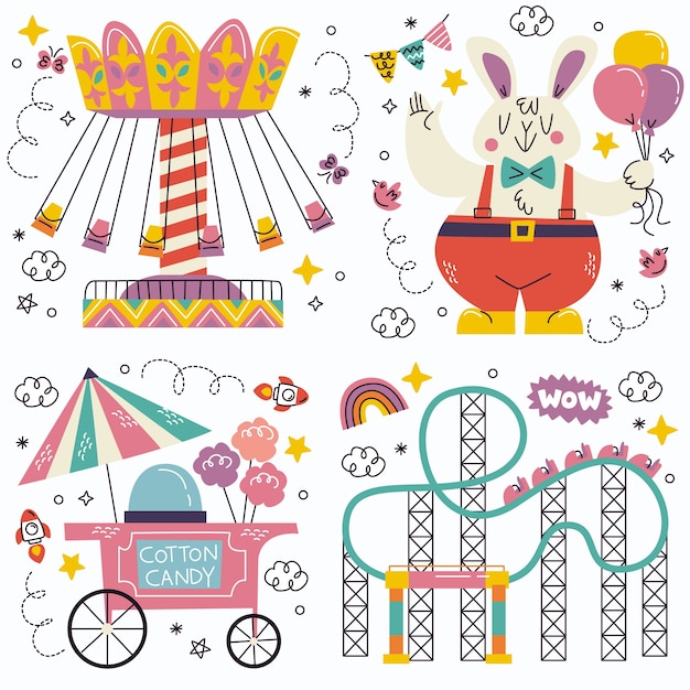 Gratis vector doodle pretpark stickers collectie