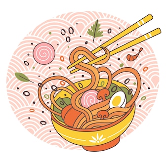 Doodle ramen noodles bowl oosterse japanse traditionele keuken. hand getrokken vleesbouillon smakelijke ramen noodle schotel vectorillustratie. aziatisch eten ramenkom met ei en paddestoel, eetstokjes