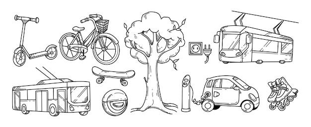 Gratis vector doodle set van verschillende eco transport elektrische auto scooter fiets skateboard rolschaatsen monowhee