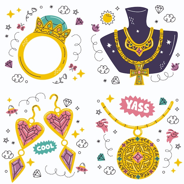 Gratis vector doodle sieraden stickers collectie