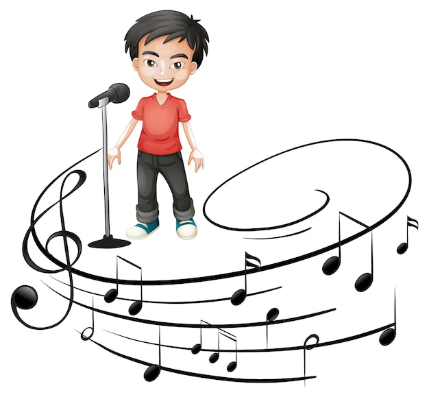 Gratis vector doodle stripfiguur van een zanger die zingt met muzikale melodiesymbolen