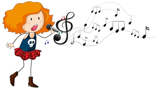 Gratis vector doodle stripfiguur van een zangeres die zingt met muzikale melodiesymbolen