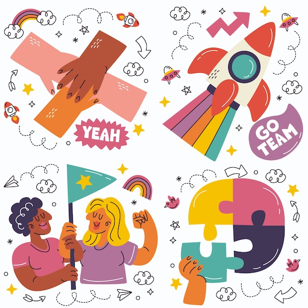 Gratis vector doodle teamgeest stickers collectie