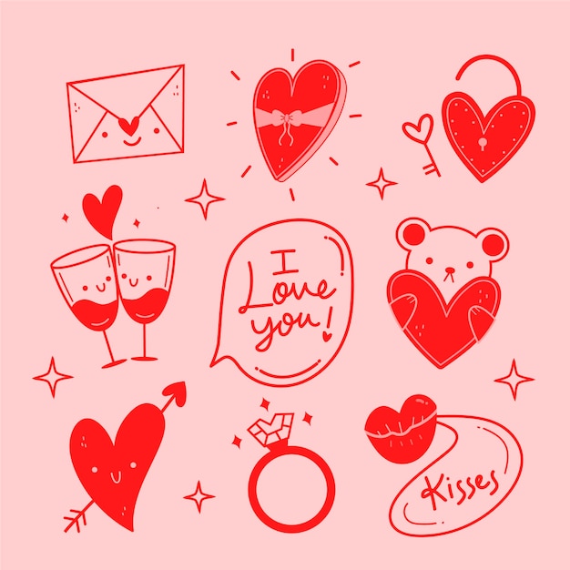 Doodle Valentijnsdag handgetekende element pack