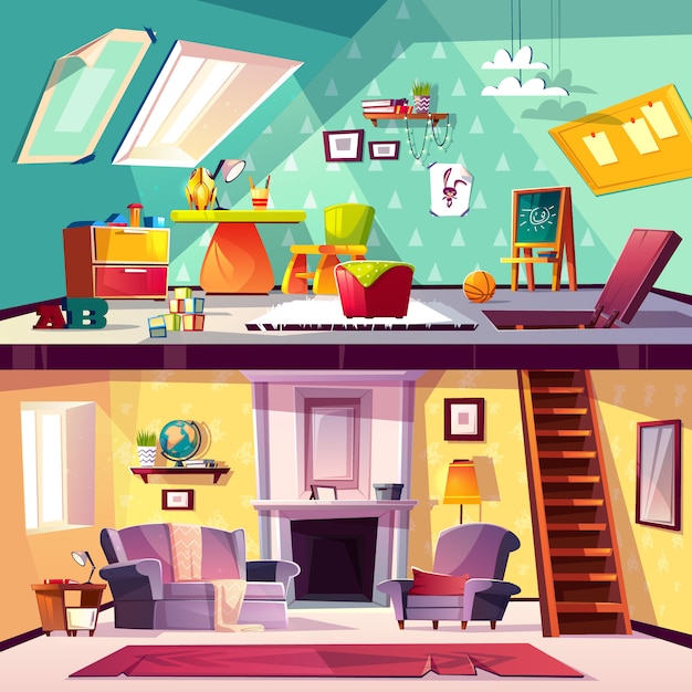 Gratis vector doorsnede achtergrond, cartoon interieur van kind speelkamer op zolder, woonkamer