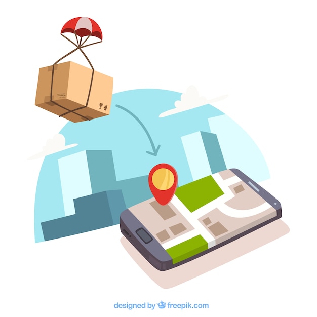 Gratis vector doos met pachute en telefoon met locatie