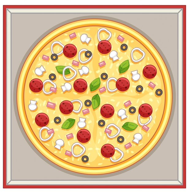Doos pizza met vlees en groentenbovenste laagjes