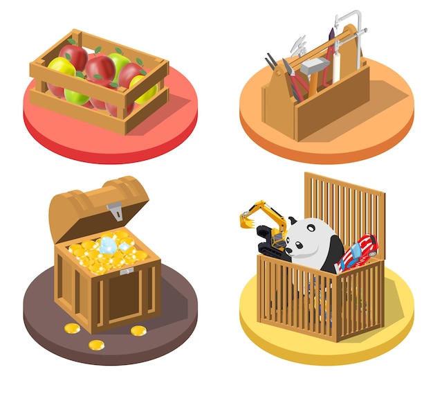Dozen 3d 2x2 set met geïsoleerde iconen van houten kisten gevuld met speelgoed fruit gereedschap munten vector illustratie