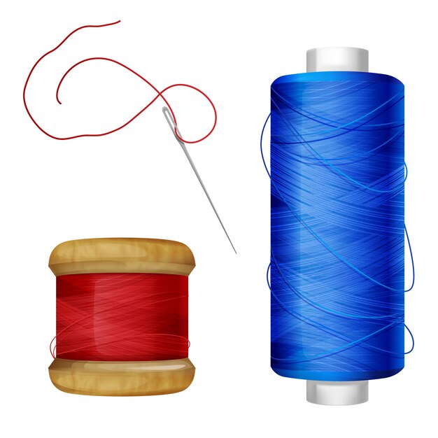 Draad spoelillustratie op naaiende hulpmiddelen. Blauwe en rode draad op houten en plastic spoel