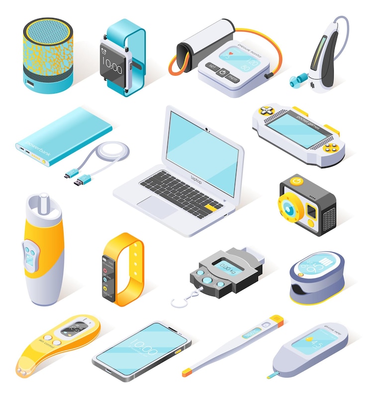 Gratis Vector draagbare elektronica isometrische pictogrammen geïllustreerde digitale gadgets die worden gebruikt in het dagelijks leven op het gebied van sportgeneeskunde, werk en vrije tijd geïsoleerde vectorillustratie