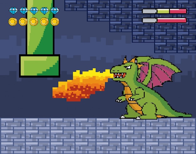 Gratis vector dragon spuwt vuur met buis en levensbalkjes