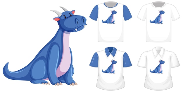 Gratis vector dragon stripfiguur logo op verschillende witte overhemd met blauwe korte mouwen geïsoleerd op een witte achtergrond