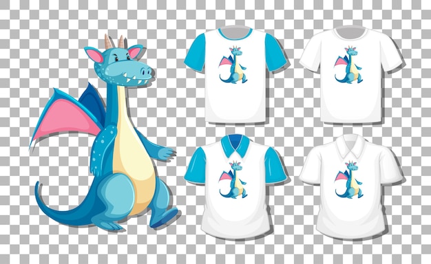 Gratis vector dragon stripfiguur met set van verschillende shirts geïsoleerd