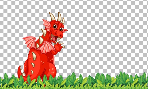 Gratis vector dragon stripfiguur op groen gras op transparante achtergrond