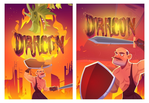 Drakenaanval ridder cartoon posters