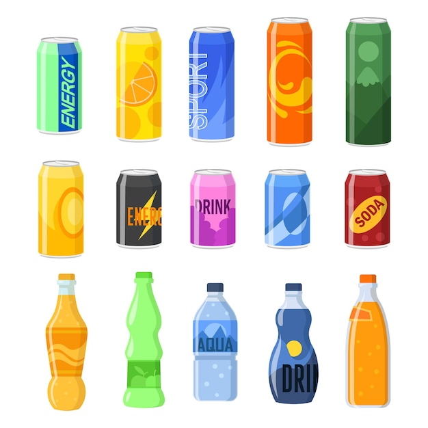 Drankjes in blikjes en plastic flessen illustraties set