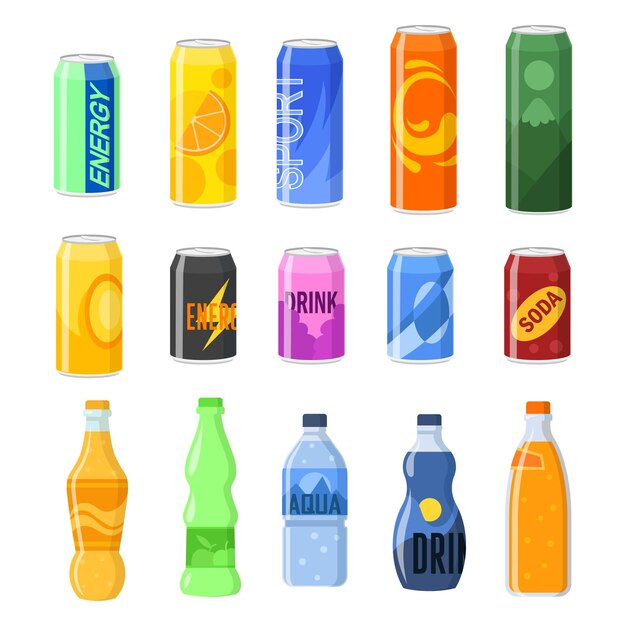 Drankjes in blikjes en plastic flessen illustraties set