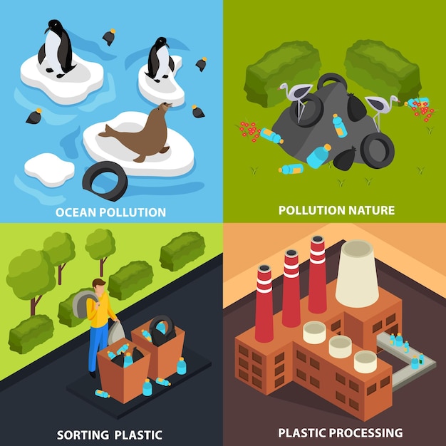Drastisch plastic concept met composities van beelden die industriële bovengrondse vervuiling en afvalverwerking vertegenwoordigen