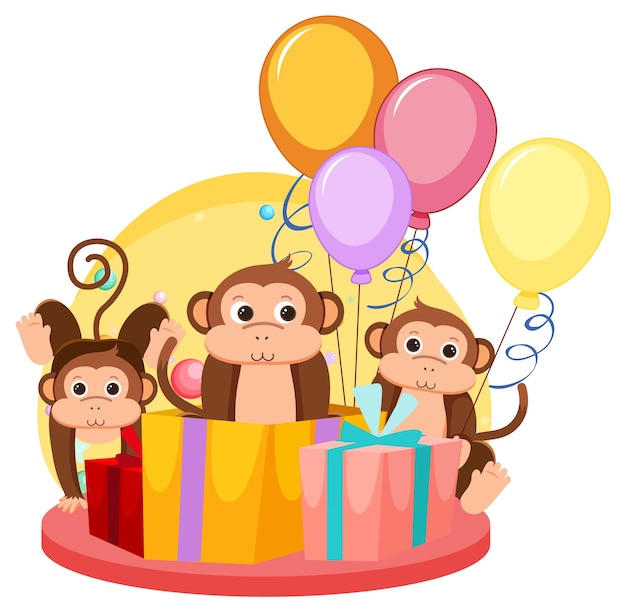 Gratis vector drie apen met geschenkdozen en ballonnen