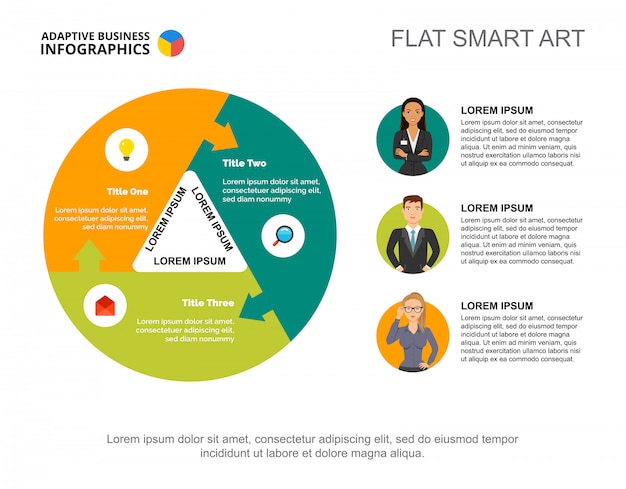 Drie collega's verwerken grafieksjabloon voor presentatie. visualisatie van bedrijfsgegevens.