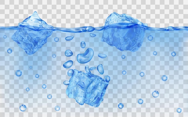Drie doorschijnende blauwe ijsblokjes en veel luchtbellen drijvend in water op transparante achtergrond. transparantie alleen in vectorformaat