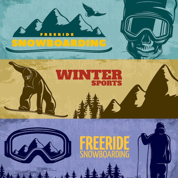 Gratis vector drie horizontale die snowboarding banner met freeride snowboarding wintersport beschrijvingen vectorillustratie wordt geplaatst