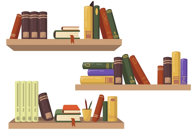 Gratis vector drie houten boekenplanken met verschillende boeken plat ingesteld voor webdesign.