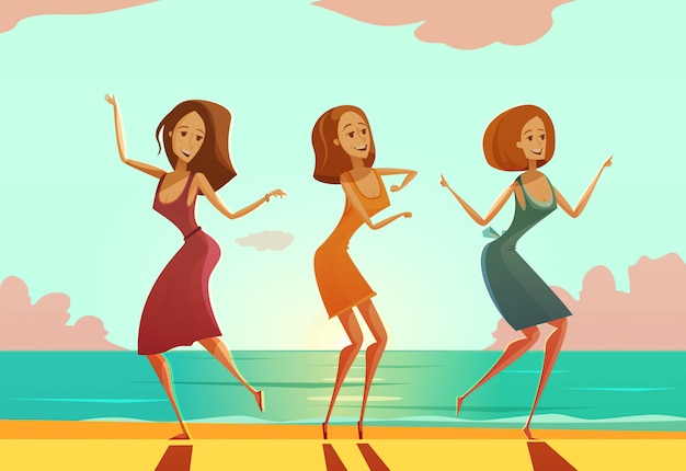 Gratis vector drie jonge vrouwen die op zandstrand dansen