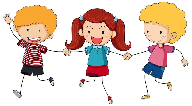 Drie kinderen hand in hand cartoon karakter hand getrokken doodle stijl geïsoleerd