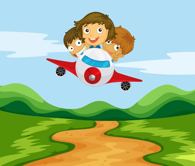 Drie kinderen vliegen het vliegtuig over de heuvels