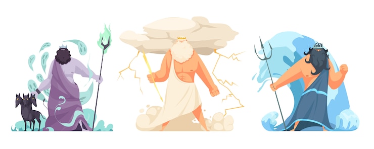 Gratis Vector drie krachtige oude griekse broers goden horizontale set met hades zeus en poseidon cartoon geïsoleerd