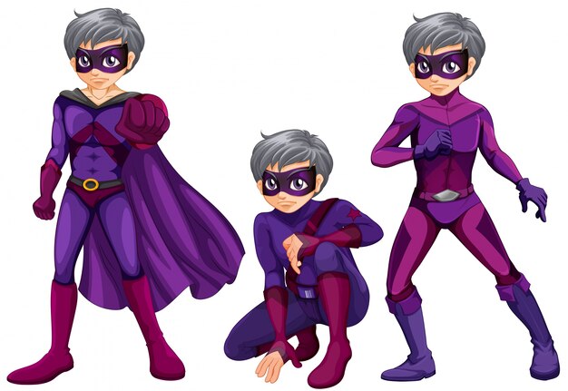 Drie posities van superheld met masker en cape